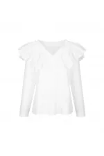 Fırfır Detaylı V Yaka Bluz - Beyaz