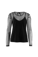 Puantiye Tül Bluz - Siyah