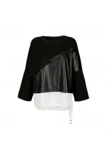 Deri Şifon İşleme Detaylı Bluz - Siyah