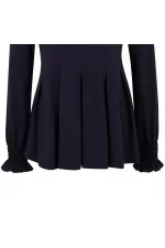 Kollar Büzgülü Dökümlü Bluz - Lacivert