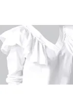 Fırfır Detaylı V Yaka Bluz - Beyaz