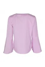 Çizgili Kolu Volan Bluz - Pembe