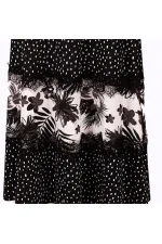 Maxi Dantelli Çiçek Baskılı Elbise - Siyah