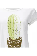 Baskılı Taşlı Tişört - Beyaz