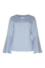 Çizgili Kolu Volan Bluz - Mavi