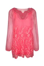 2 Parça İşlemeli Dantelli İpek Bluz - Narçiçeği
