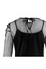 Puantiye Tül Bluz - Siyah