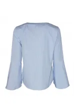 Çizgili Kolu Volan Bluz - Mavi