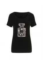 Payetli Baskılı Tişört - Siyah