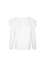 Fırfır Detaylı V Yaka Bluz - Beyaz