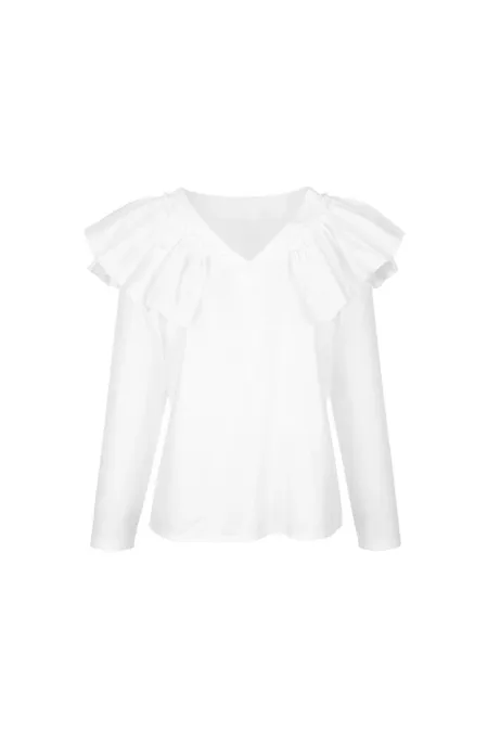 Fırfır Detaylı V Yaka Bluz - Beyaz
