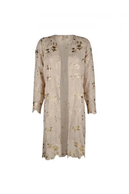 İşlemeli Uzun Ceket - Bej