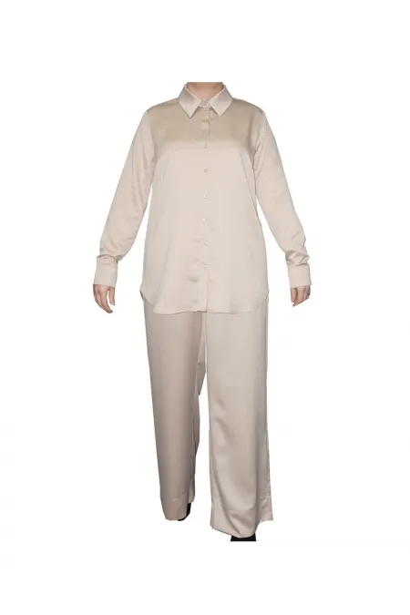 Saten Gömlek ve Pantolon Takım - Kum