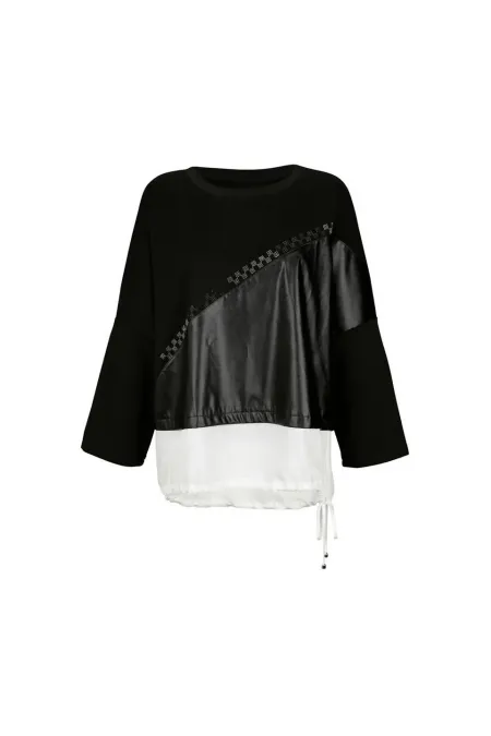 Deri Şifon İşleme Detaylı Bluz - Siyah