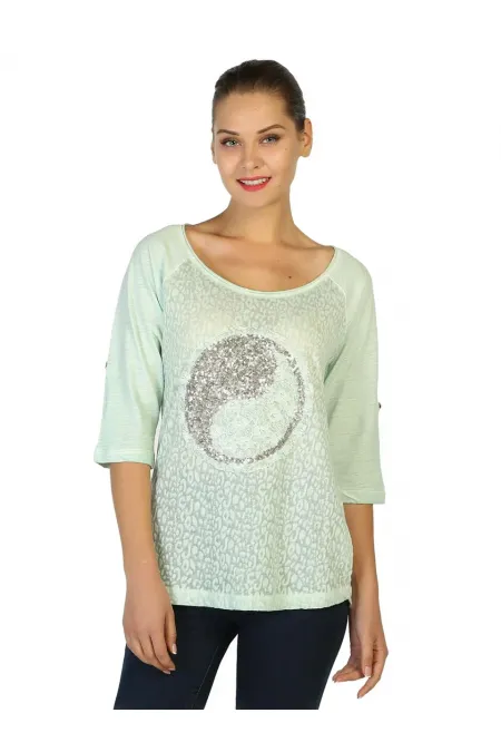 Dantelli Payetli Bluz - Nane Yeşili
