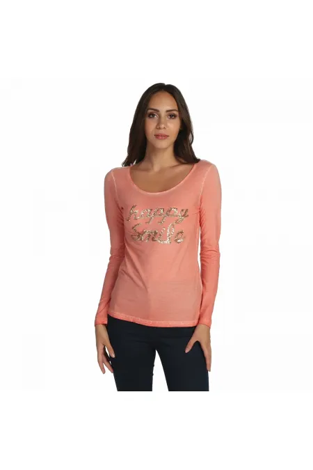 Uzun Kollu payetli Tişört - Narçiçeği