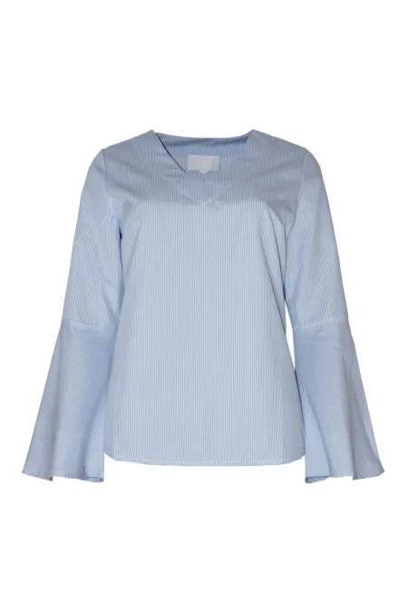 Çizgili Kolu Volan Bluz - Mavi