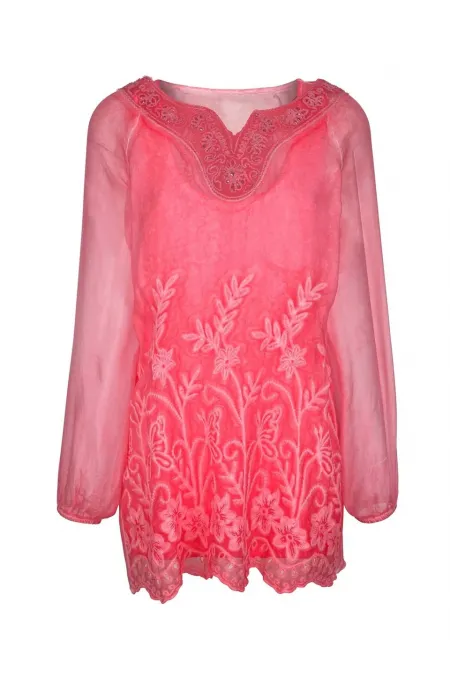 2 Parça İşlemeli Dantelli İpek Bluz - Narçiçeği