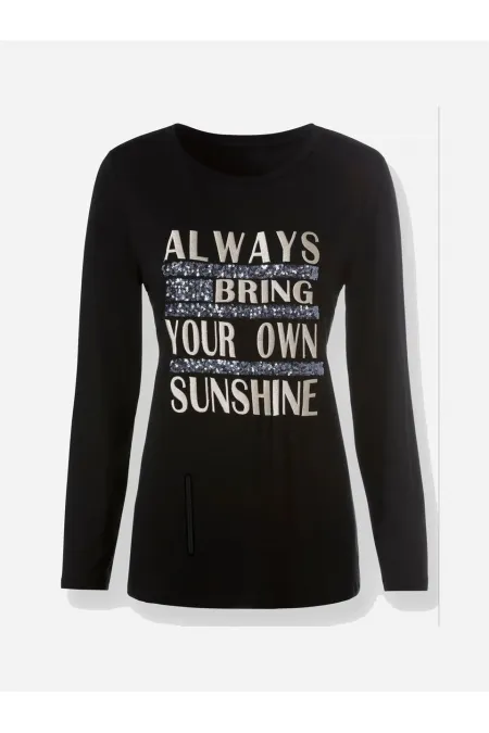 Baskılı Payetli Bluz - Siyah