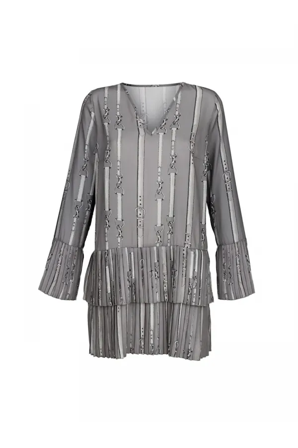 Basklılı Uzun Bluz - Vizon