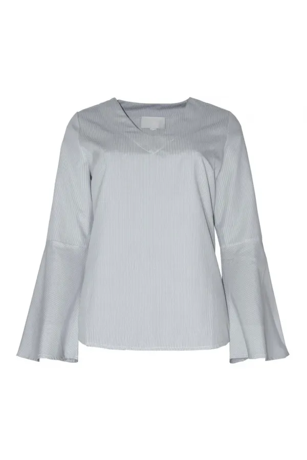 Çizgili Kolu Volan Bluz - Siyah