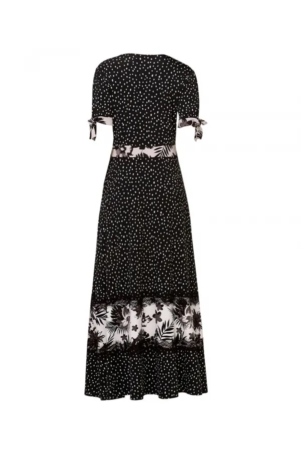 Maxi Dantelli Çiçek Baskılı Elbise - Siyah