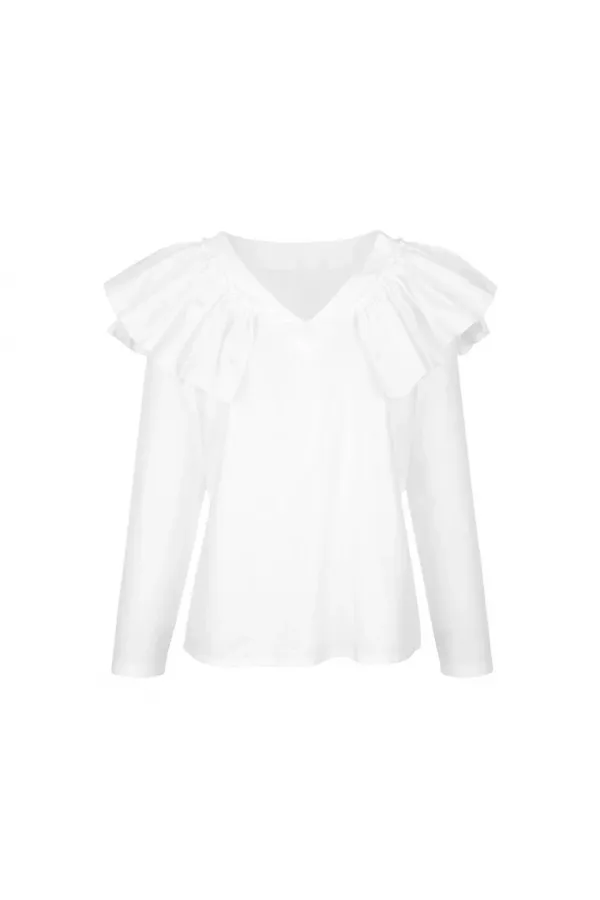 Fırfır Detaylı V Yaka Bluz - Beyaz