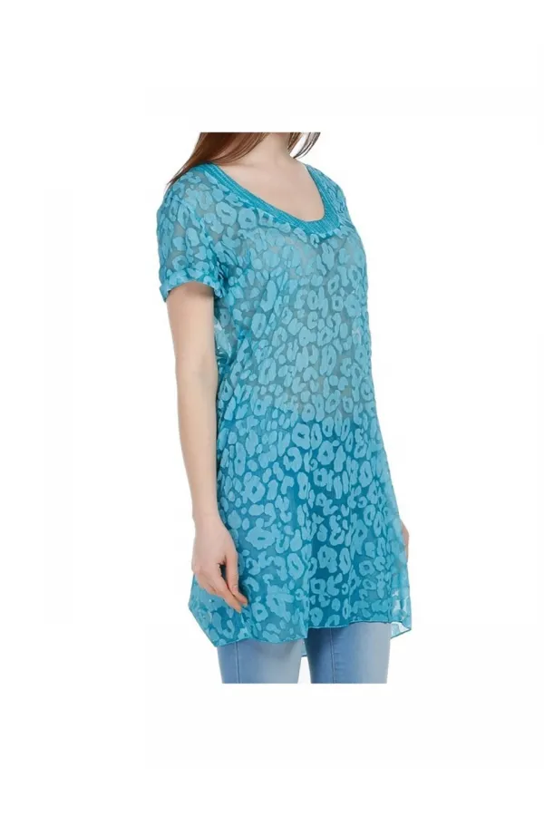 İpek Leopar Desenli Plaj Elbise - Turkuaz