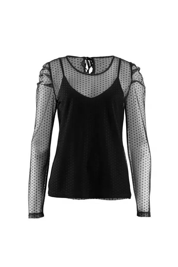 Puantiye Tül Bluz - Siyah