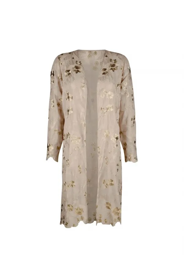 İşlemeli Uzun Ceket - Bej