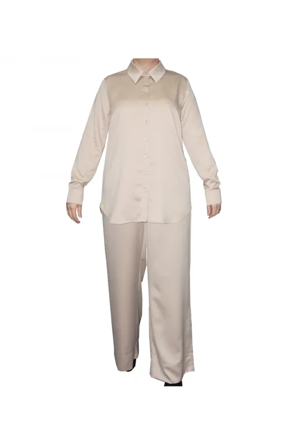 Saten Gömlek ve Pantolon Takım - Kum