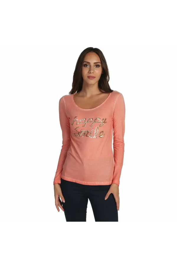 Uzun Kollu payetli Tişört - Narçiçeği