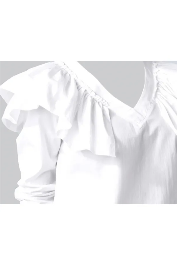 Fırfır Detaylı V Yaka Bluz - Beyaz