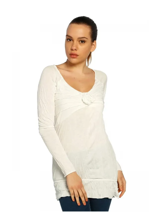 Casual Uzun Tişört - Ekru