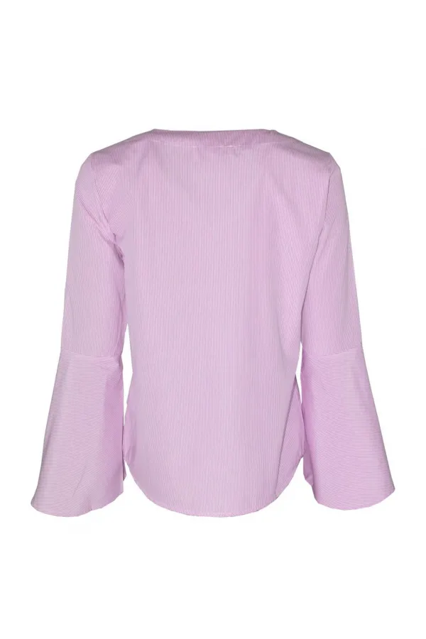 Çizgili Kolu Volan Bluz - Pembe