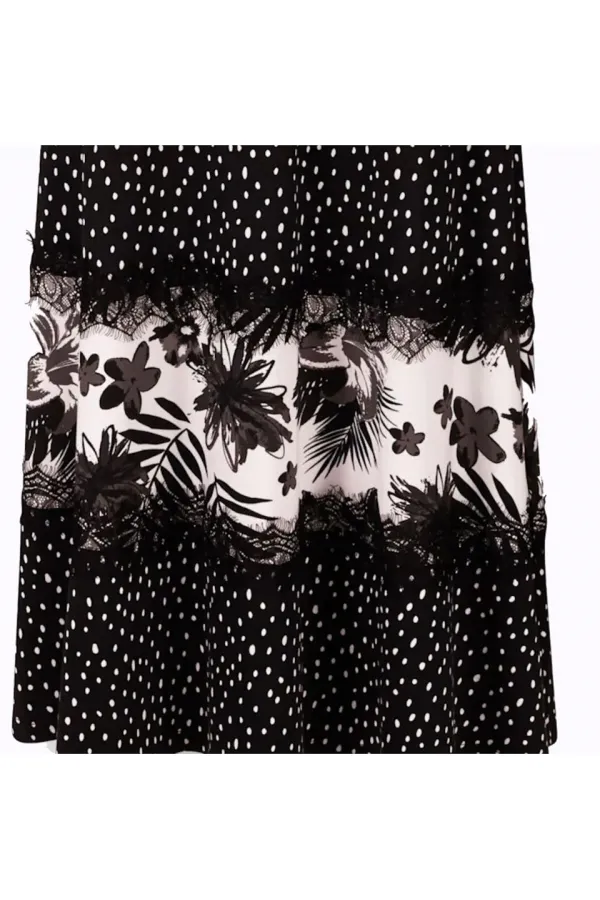 Maxi Dantelli Çiçek Baskılı Elbise - Siyah