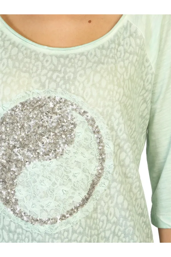 Dantelli Payetli Bluz - Nane Yeşili