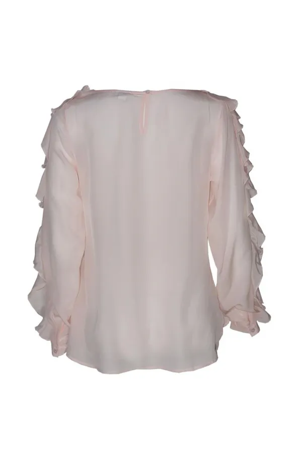 Kolları Fırfırlı Saf İpek Bluz - Gül Kurusu