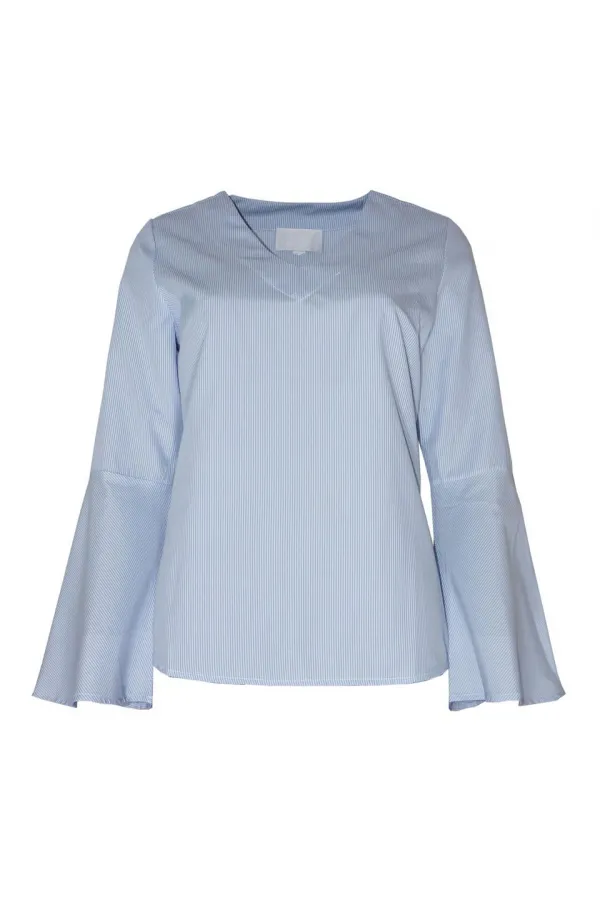 Çizgili Kolu Volan Bluz - Mavi