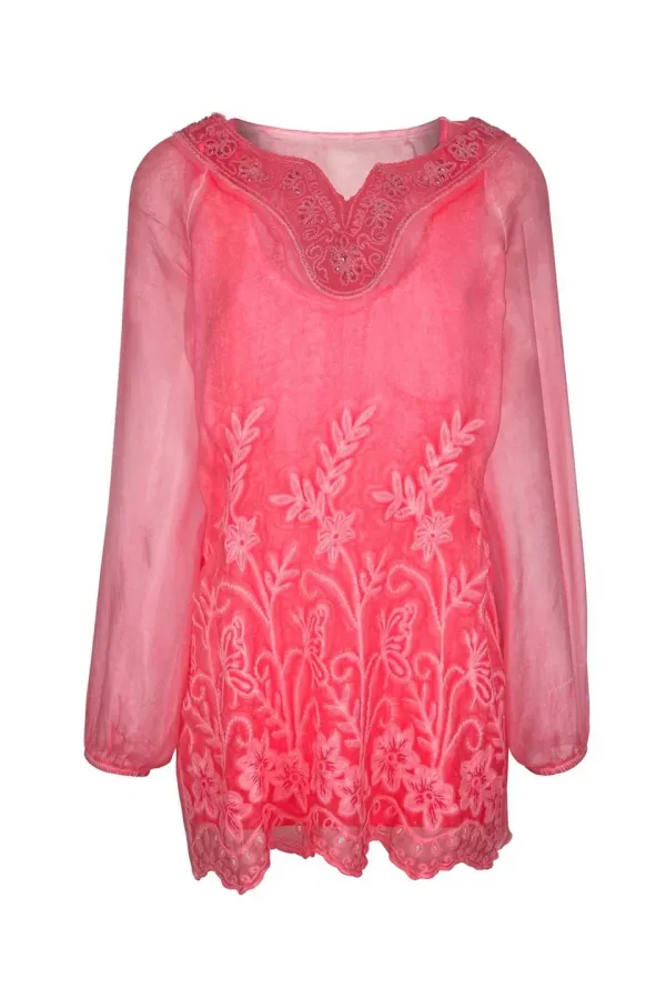 2 Parça İşlemeli Dantelli İpek Bluz - Narçiçeği