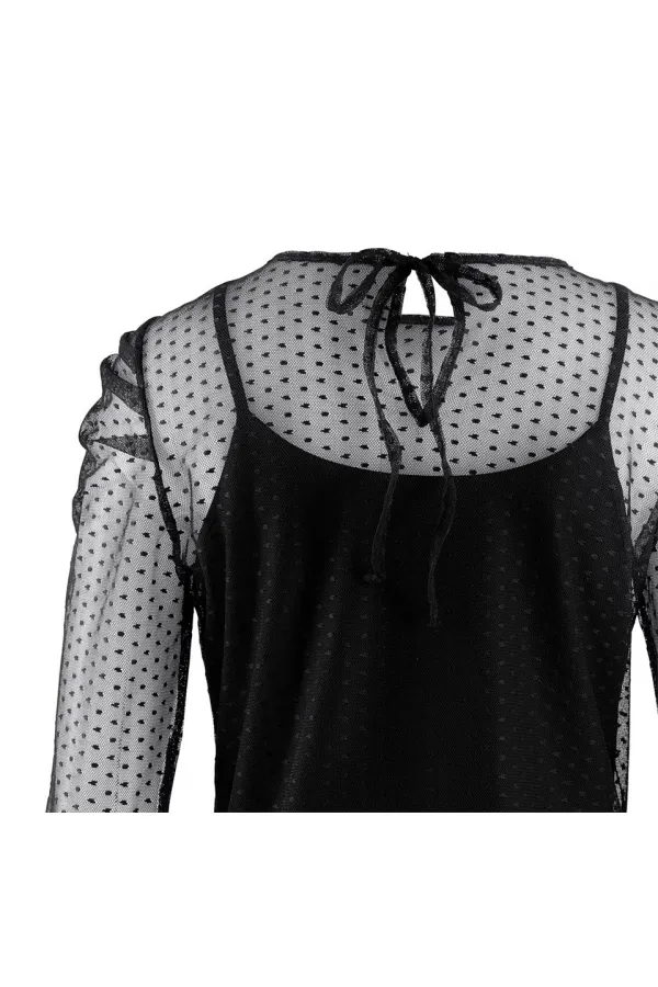Puantiye Tül Bluz - Siyah