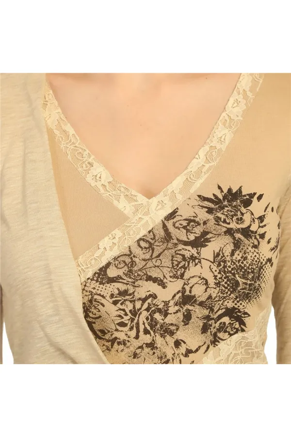 Dantel Baskılı Bluz - Kum