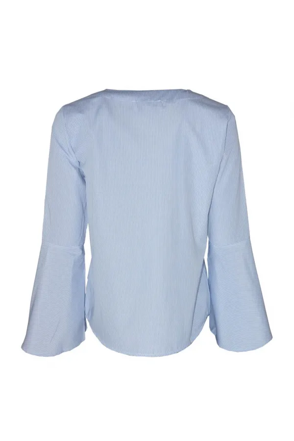 Çizgili Kolu Volan Bluz - Mavi