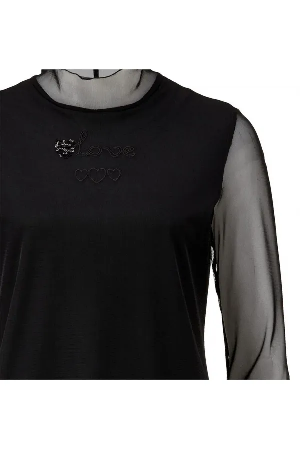 Tül İşlemli Bluz - Siyah