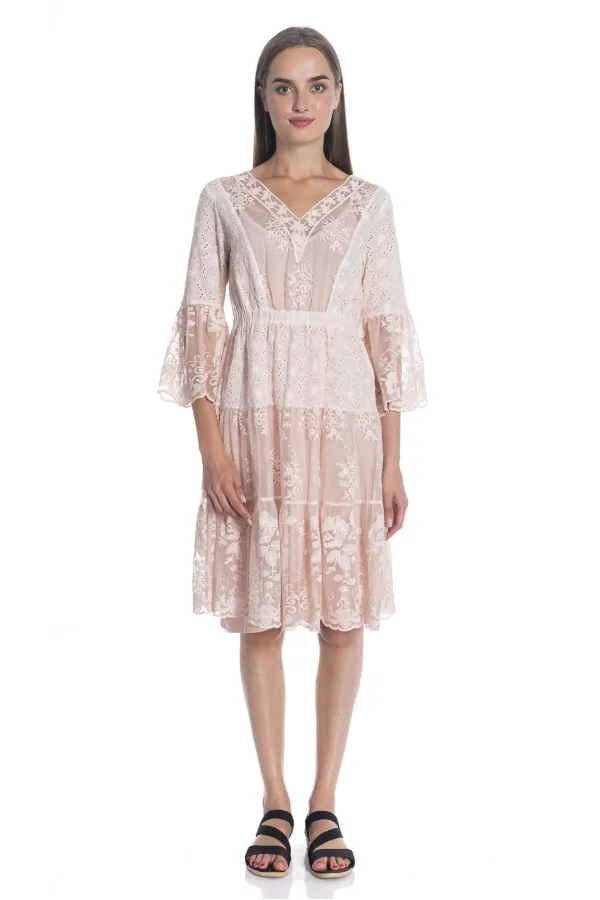 Dantelli Nakışlı 2 Parça Elbise - Gül Kurusu