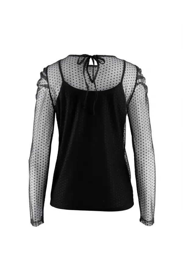 Puantiye Tül Bluz - Siyah