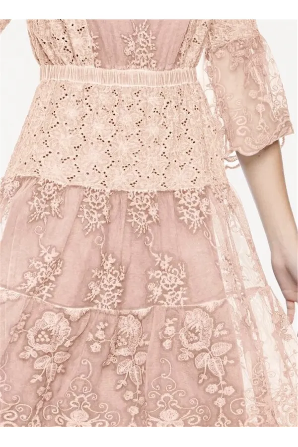 Dantelli Nakışlı 2 Parça Elbise - Gül Kurusu