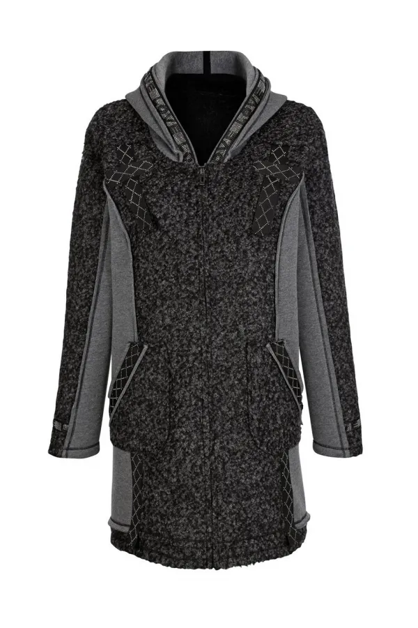 Veste longue en laine à capuche - Anthracite