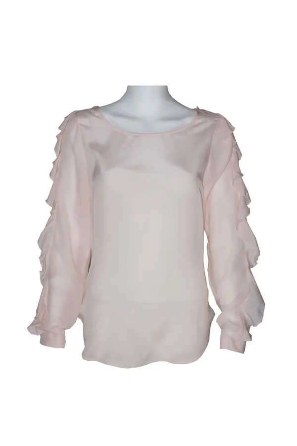 Kolları Fırfırlı Saf İpek Bluz - Gül Kurusu