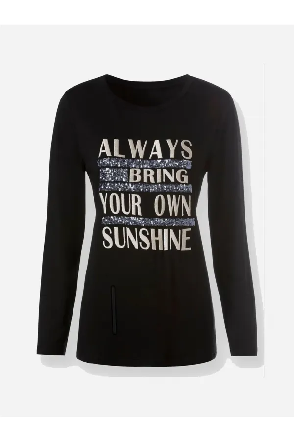 Baskılı Payetli Bluz - Siyah